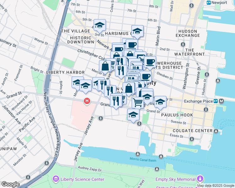 map of restaurants, bars, coffee shops, grocery stores, and more near 258 Barrow Street in Jersey City