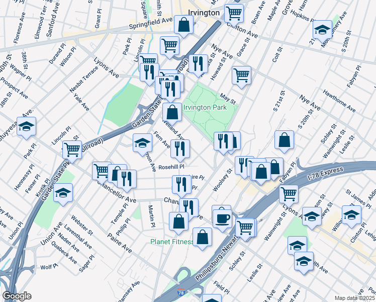 map of restaurants, bars, coffee shops, grocery stores, and more near 61-67 Welland Avenue in Irvington