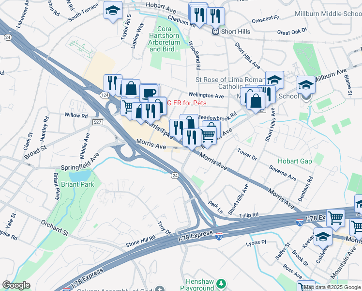 map of restaurants, bars, coffee shops, grocery stores, and more near 631 Morris Turnpike in Springfield