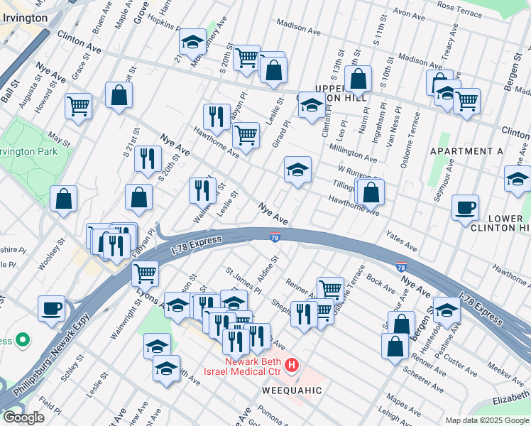 map of restaurants, bars, coffee shops, grocery stores, and more near 44 Dewey Street in Newark
