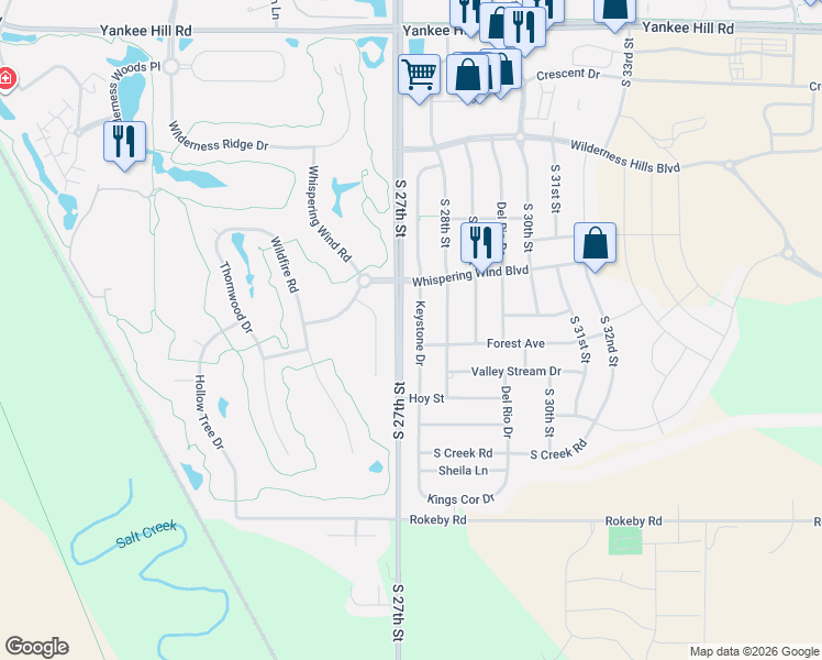map of restaurants, bars, coffee shops, grocery stores, and more near 9421 Keystone Dr in Lincoln