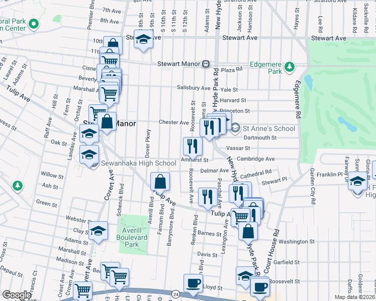 map of restaurants, bars, coffee shops, grocery stores, and more near 14 Roosevelt Street in Garden City