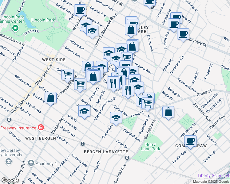map of restaurants, bars, coffee shops, grocery stores, and more near 598 Communipaw Avenue in Jersey City