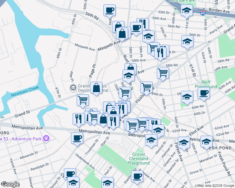 map of restaurants, bars, coffee shops, grocery stores, and more near 58-96 55th Street in Queens
