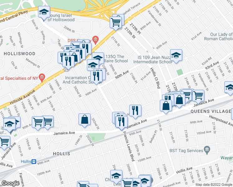 map of restaurants, bars, coffee shops, grocery stores, and more near 90-48 208th Street in Queens
