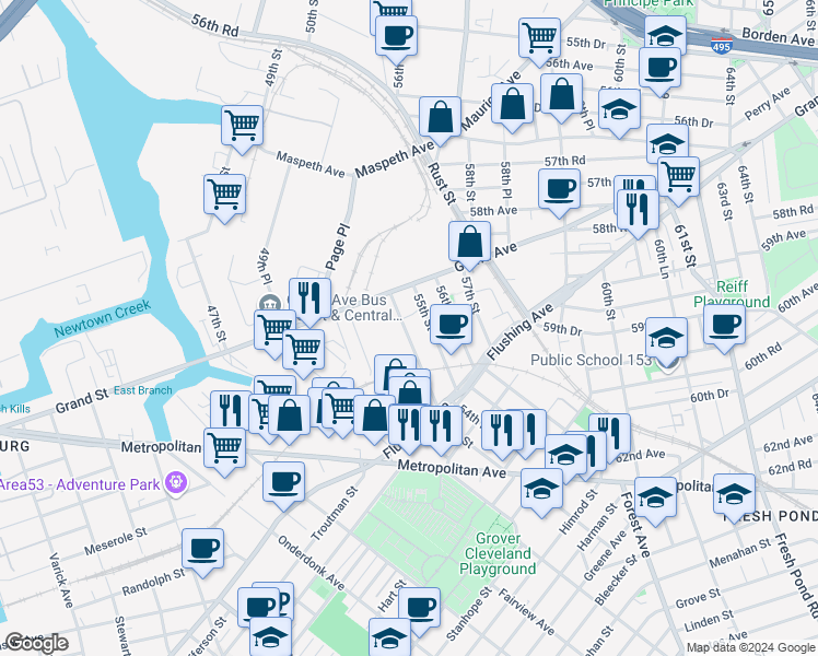 map of restaurants, bars, coffee shops, grocery stores, and more near 58-96 55th Street in Queens