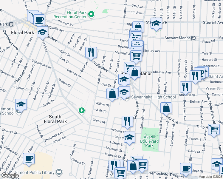 map of restaurants, bars, coffee shops, grocery stores, and more near 58 Landau Avenue in Floral Park