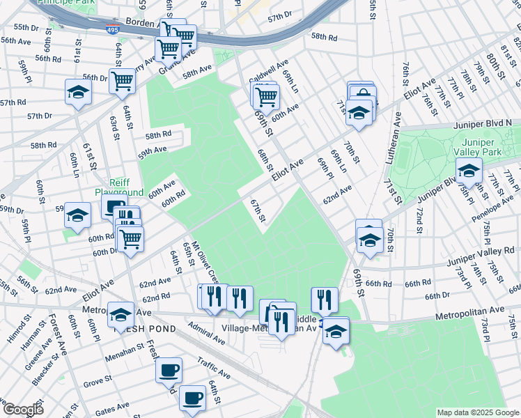 map of restaurants, bars, coffee shops, grocery stores, and more near 67-2 61st Road in Queens