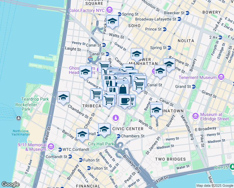 map of restaurants, bars, coffee shops, grocery stores, and more near 51-53 White Street in New York