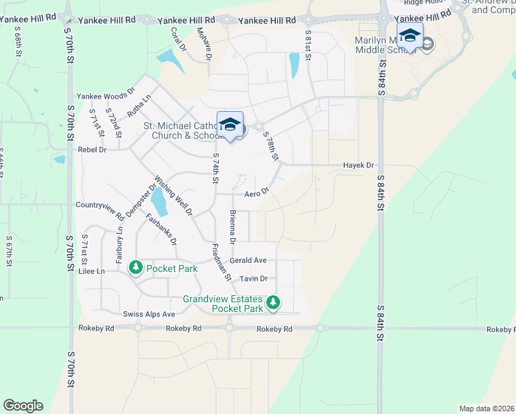 map of restaurants, bars, coffee shops, grocery stores, and more near Aero Drive in Lincoln