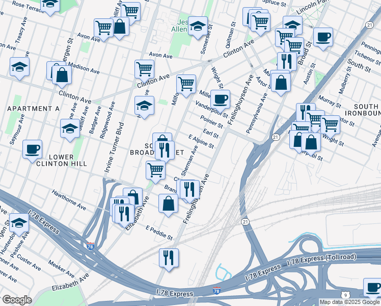 map of restaurants, bars, coffee shops, grocery stores, and more near 36 Hunter Street in Newark