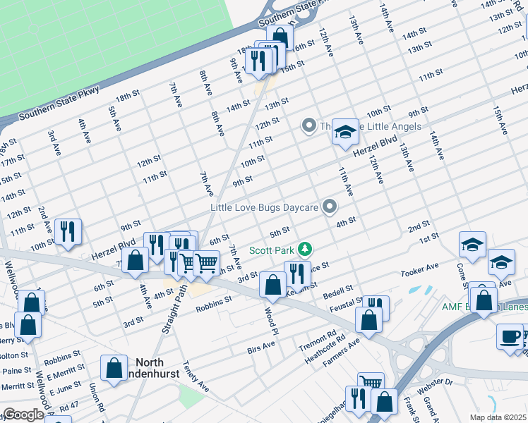 map of restaurants, bars, coffee shops, grocery stores, and more near 815 7th Street in West Babylon