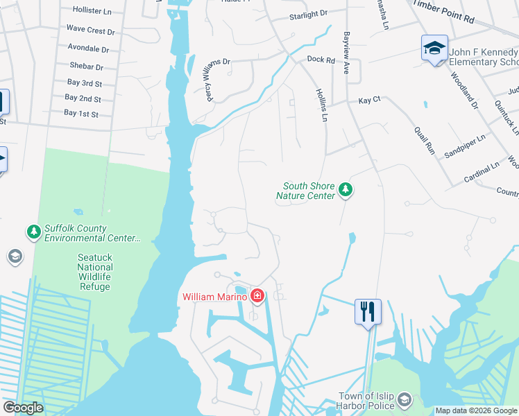 map of restaurants, bars, coffee shops, grocery stores, and more near 95 Meadowfarm Road in East Islip