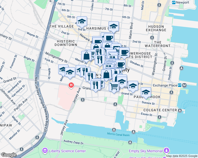 map of restaurants, bars, coffee shops, grocery stores, and more near 258 Barrow Street in Jersey City