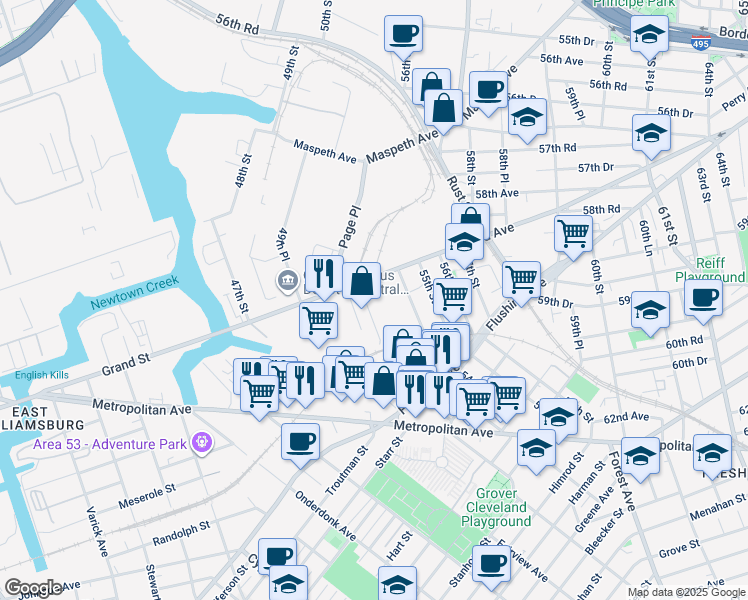 map of restaurants, bars, coffee shops, grocery stores, and more near 53-06 Grand Avenue in Queens