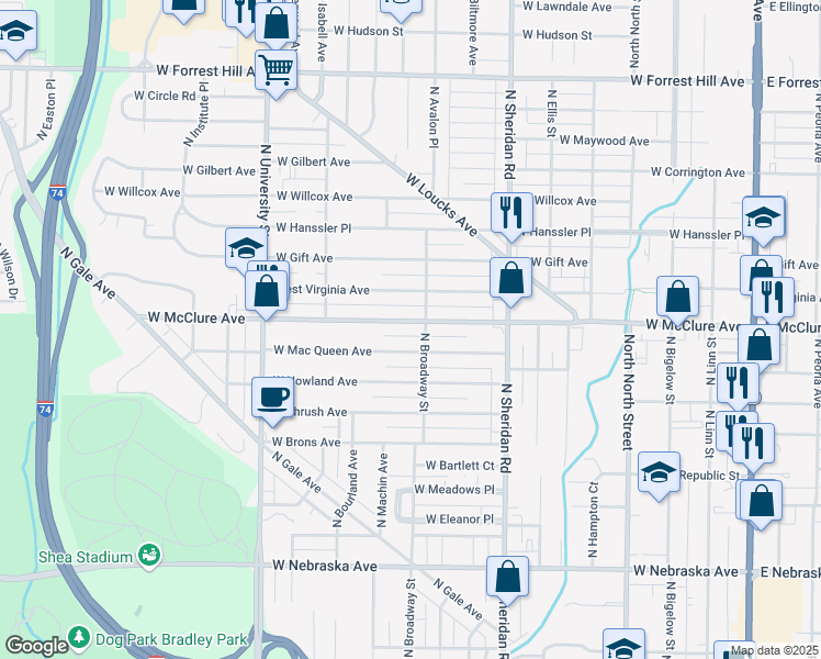 map of restaurants, bars, coffee shops, grocery stores, and more near 908 West McClure Avenue in Peoria