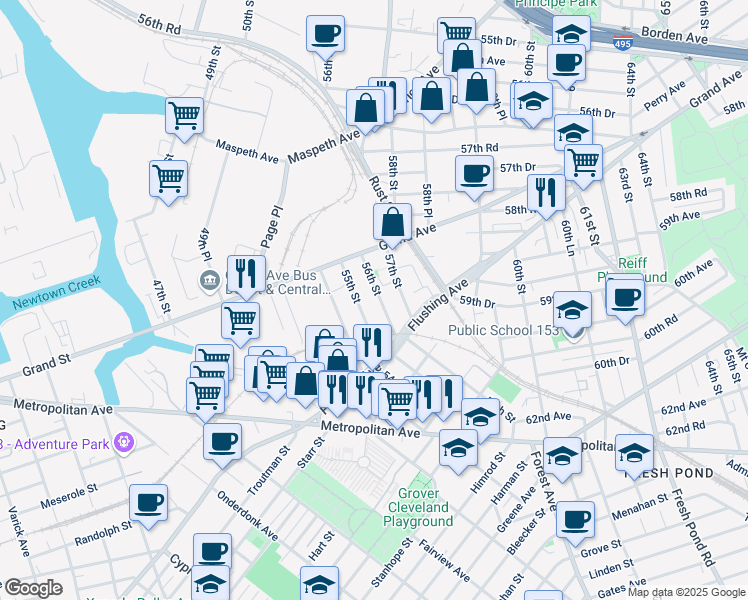map of restaurants, bars, coffee shops, grocery stores, and more near 5905 56th Street in Queens