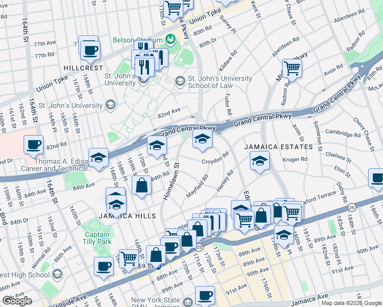 map of restaurants, bars, coffee shops, grocery stores, and more near 173-25 Croydon Road in Queens