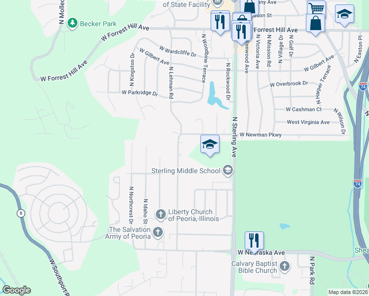 map of restaurants, bars, coffee shops, grocery stores, and more near 2412 N Lehman Rd in Peoria