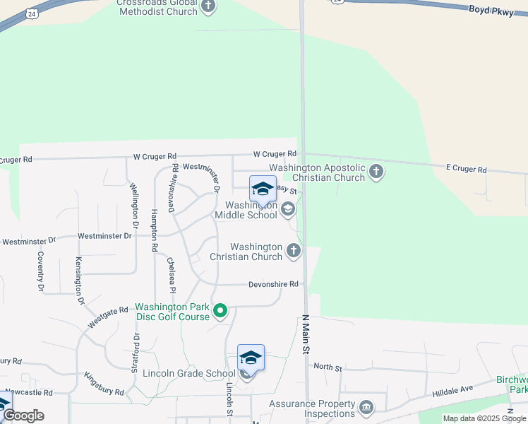 map of restaurants, bars, coffee shops, grocery stores, and more near 1100 North Main Street in Washington