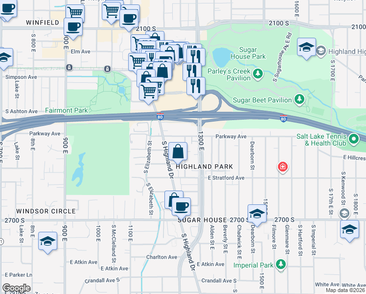 map of restaurants, bars, coffee shops, grocery stores, and more near 2486 Douglas Street in Salt Lake City