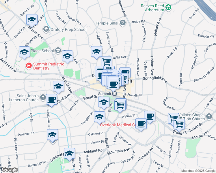 map of restaurants, bars, coffee shops, grocery stores, and more near 374-382 Springfield Avenue in Summit