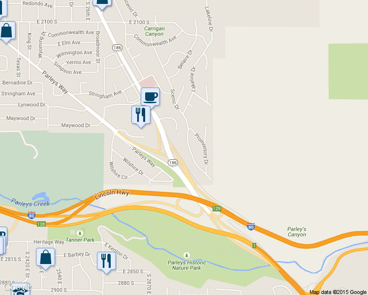 map of restaurants, bars, coffee shops, grocery stores, and more near 2428 Scenic Drive in Salt Lake City
