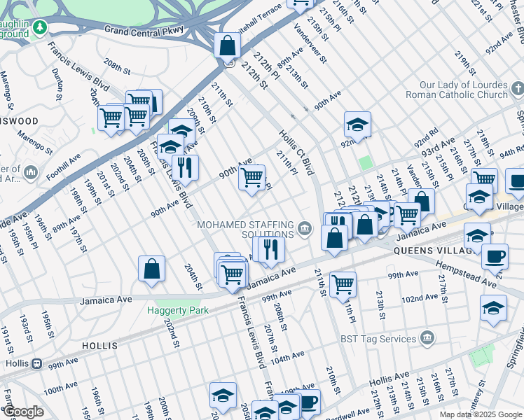 map of restaurants, bars, coffee shops, grocery stores, and more near 209-70 93rd Avenue in Queens