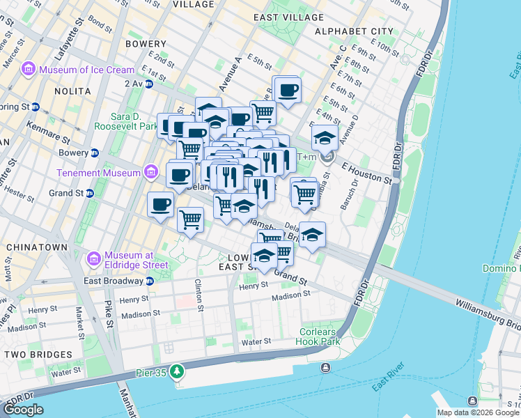 map of restaurants, bars, coffee shops, grocery stores, and more near 208 Delancey Street in New York