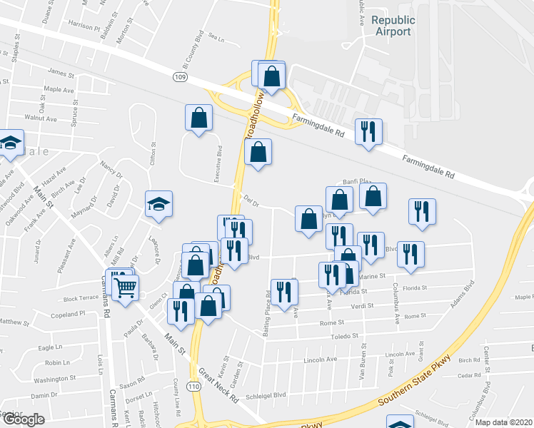 map of restaurants, bars, coffee shops, grocery stores, and more near 309 Del Drive in Farmingdale