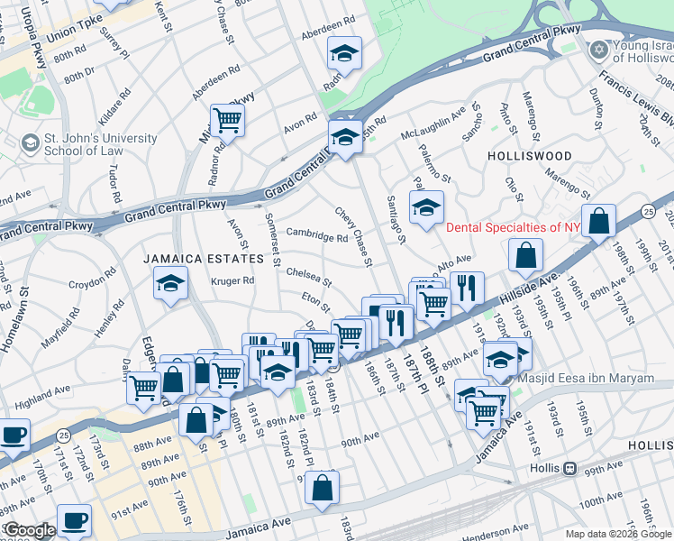 map of restaurants, bars, coffee shops, grocery stores, and more near 186-24 Henley Road in Queens