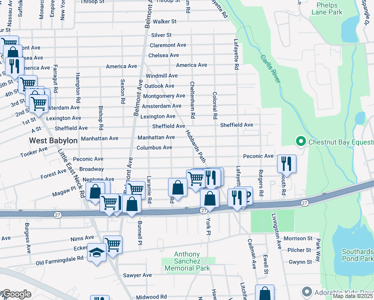 map of restaurants, bars, coffee shops, grocery stores, and more near 258 Columbus Avenue in West Babylon