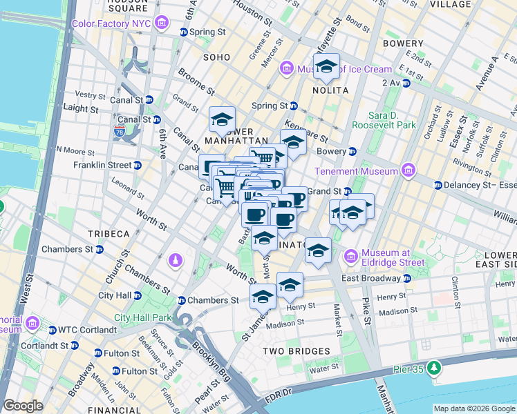 map of restaurants, bars, coffee shops, grocery stores, and more near Canal St & Baxter St in New York