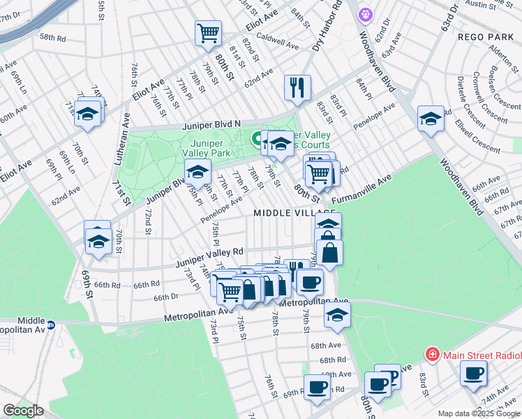 map of restaurants, bars, coffee shops, grocery stores, and more near 77-31 Furmanville Avenue in Queens