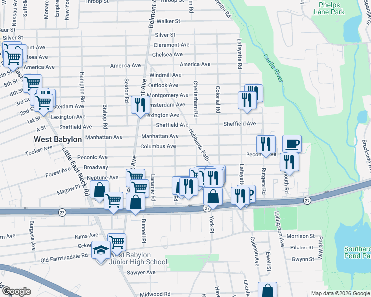 map of restaurants, bars, coffee shops, grocery stores, and more near 105 Lenox Road in West Babylon