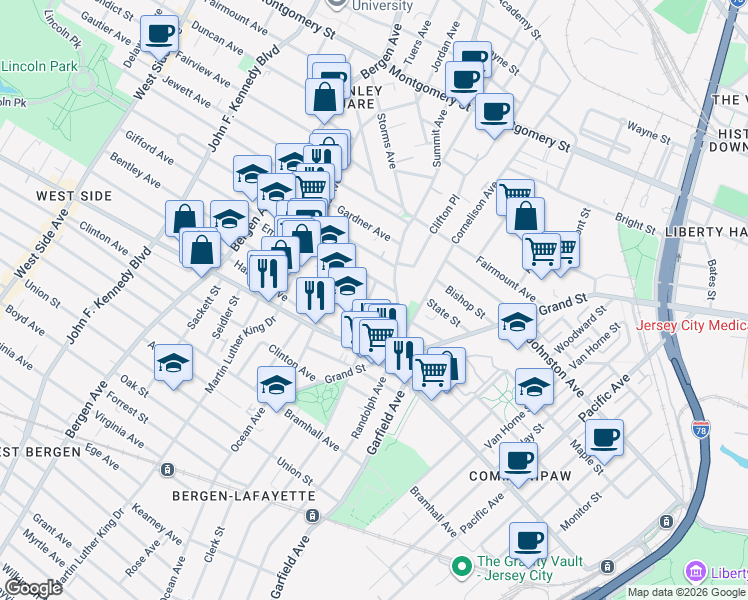 map of restaurants, bars, coffee shops, grocery stores, and more near 54 County Road 715 in Jersey City