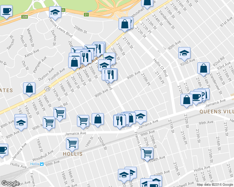 map of restaurants, bars, coffee shops, grocery stores, and more near 90-27 Francis Lewis Boulevard in Queens