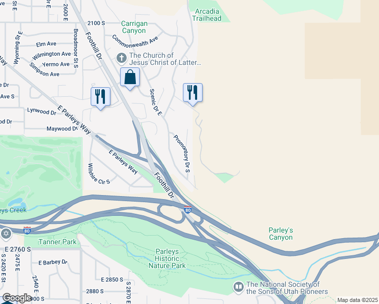 map of restaurants, bars, coffee shops, grocery stores, and more near 2465 Promontory Drive South in Salt Lake City