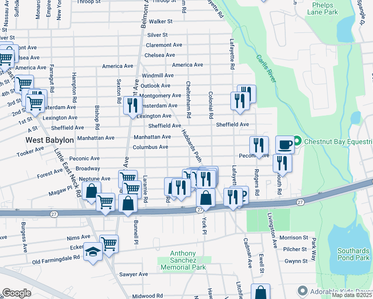map of restaurants, bars, coffee shops, grocery stores, and more near 258 Columbus Avenue in West Babylon