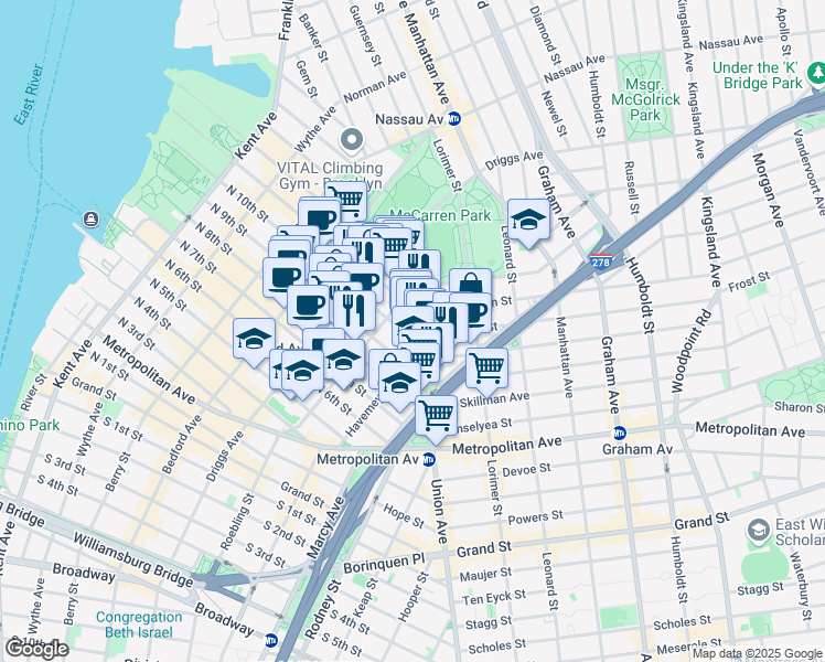map of restaurants, bars, coffee shops, grocery stores, and more near 567 Union Avenue in Brooklyn