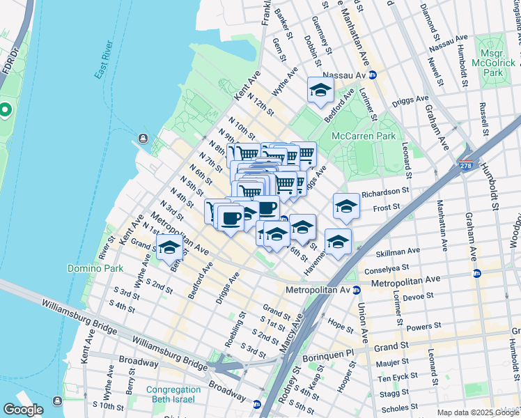 map of restaurants, bars, coffee shops, grocery stores, and more near 184 Bedford Avenue in Brooklyn
