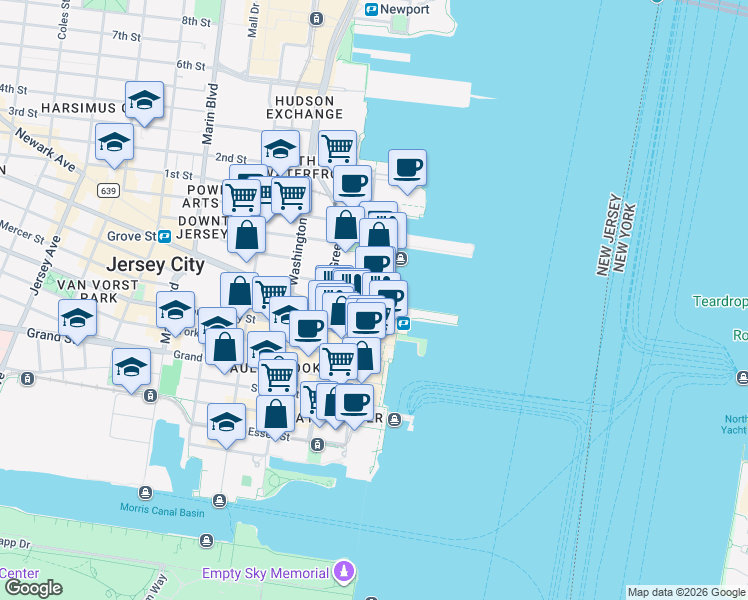 map of restaurants, bars, coffee shops, grocery stores, and more near 2 Montgomery Street in Jersey City