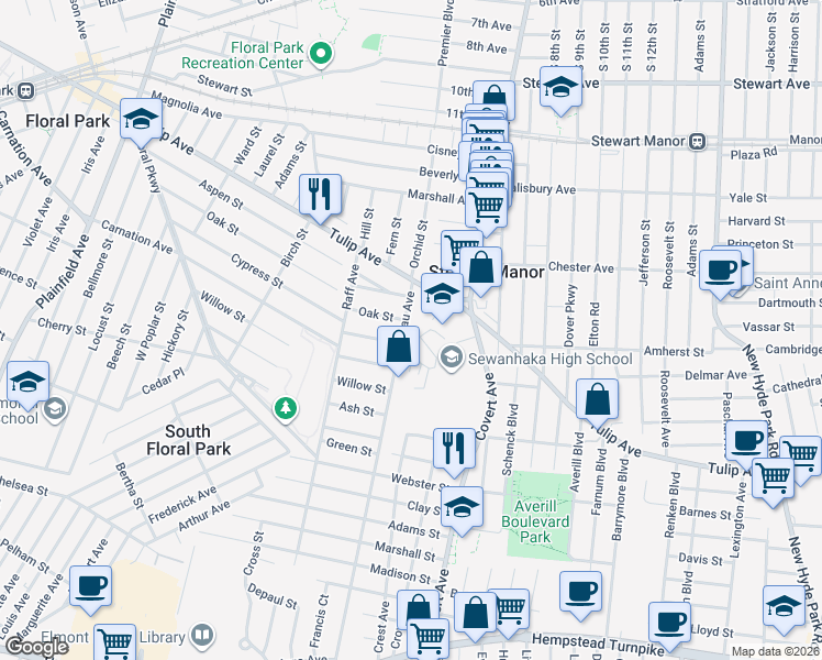 map of restaurants, bars, coffee shops, grocery stores, and more near 58 Landau Avenue in Floral Park