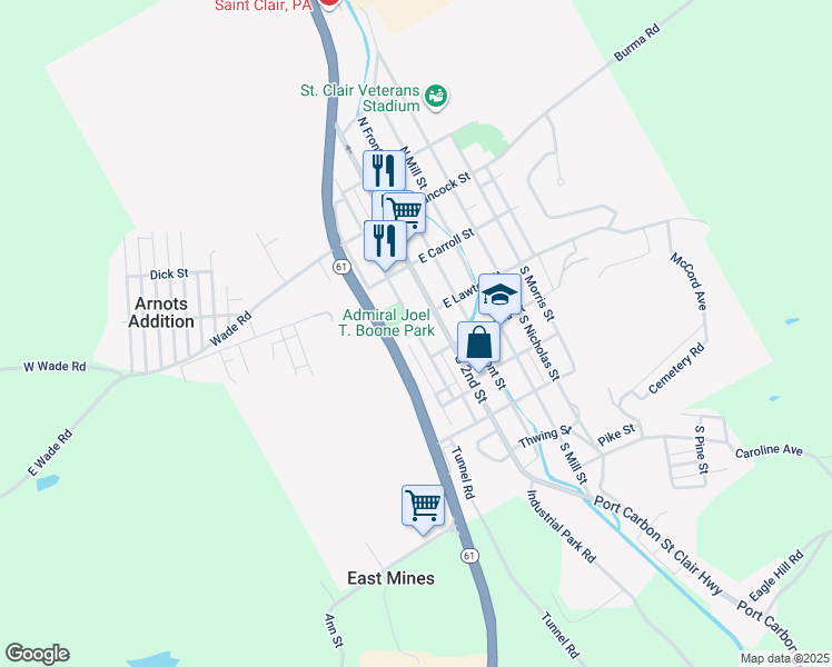 map of restaurants, bars, coffee shops, grocery stores, and more near 122 South 3rd Street in Saint Clair