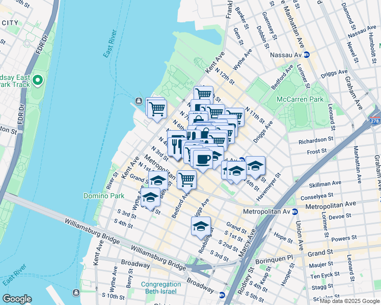 map of restaurants, bars, coffee shops, grocery stores, and more near 100 North 5th Street in Brooklyn