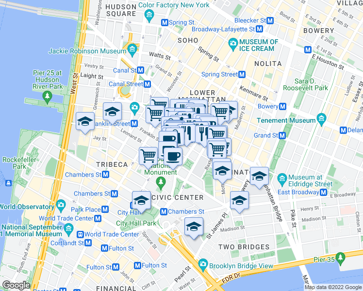 map of restaurants, bars, coffee shops, grocery stores, and more near 77 White Street in New York