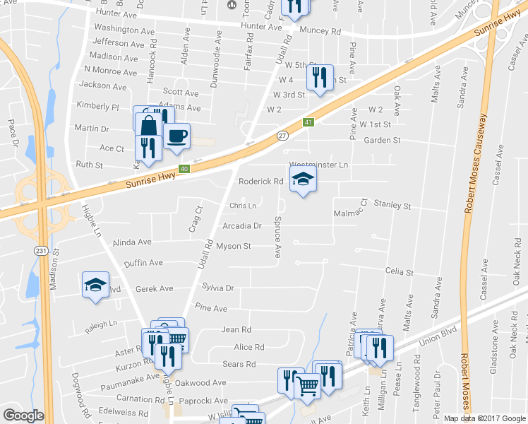 map of restaurants, bars, coffee shops, grocery stores, and more near 126 Chris Lane in West Islip