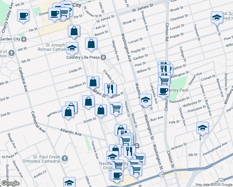 map of restaurants, bars, coffee shops, grocery stores, and more near 29 Stowe Place in Hempstead