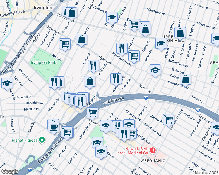 map of restaurants, bars, coffee shops, grocery stores, and more near 88 Schley Street in Newark