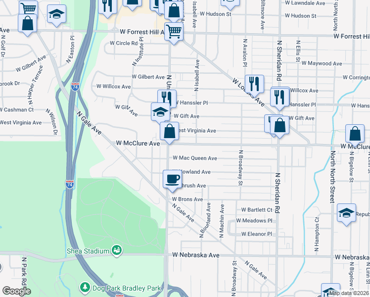 map of restaurants, bars, coffee shops, grocery stores, and more near 1202 W McClure Ave in Peoria